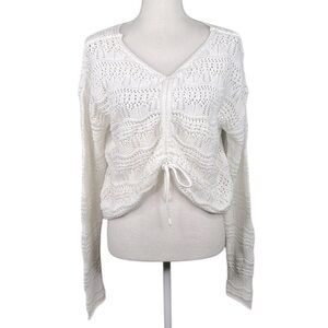 Jessica Simpson White Open Knit V-Neck Long Sleeve Front Tie Sweater Size Large